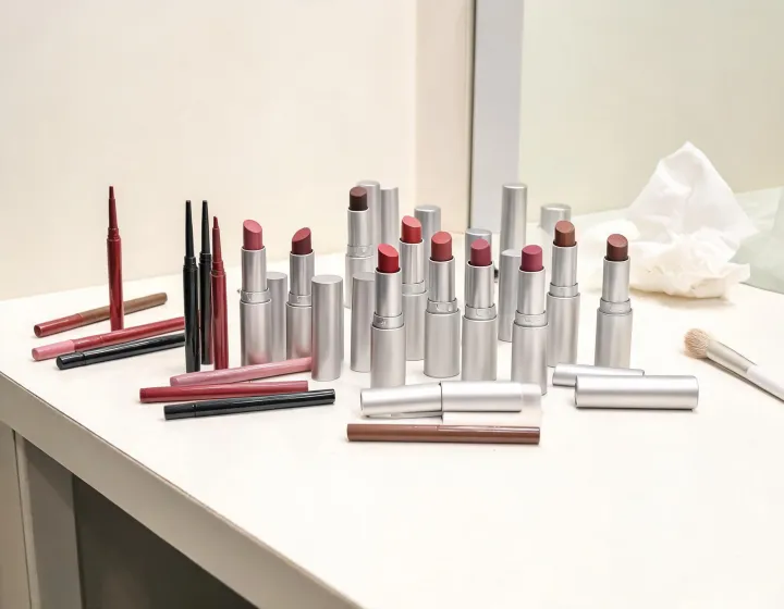 lip liner and lipstick combo on a cosmetics bench, illustration only