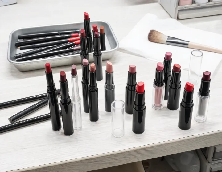 lip liner and lipstick on a cosmetics bench, illustration only