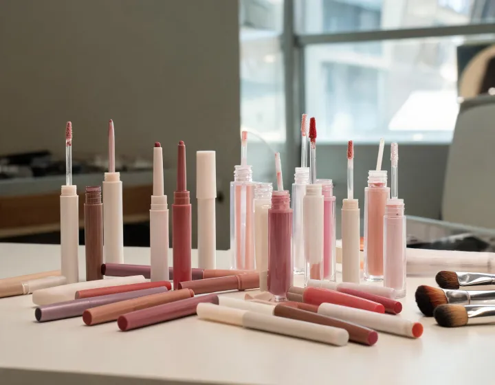 lip liner and gloss combo on a cosmetics bench, illustration only