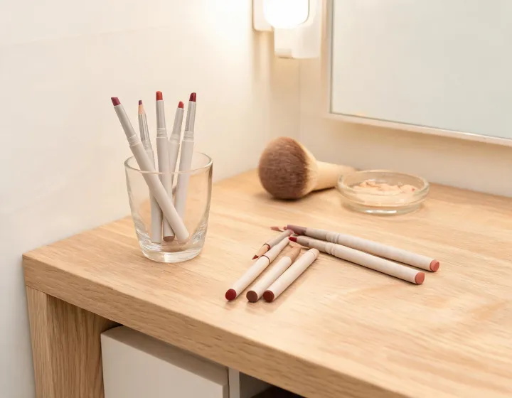 lip liner makeup on a cosmetics bench, illustration only